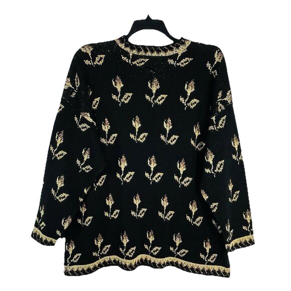 Just for Woman Knit Black Sweater Gold Metallic Floral Size 2X Long Sleeves - Picture 2 of 4
